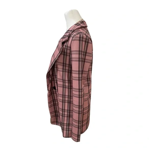 PRETTY LITTLE THING Open Front Blazer Sz 4 Small Pink Plaid Jacket Preppy Slim - Picture 4 of 8